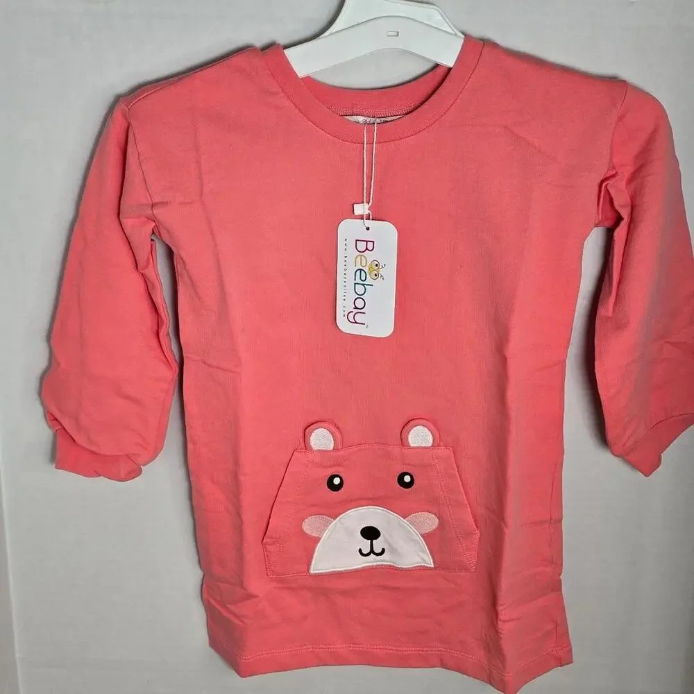 Beebay Girls Pink Bear Pocket Long Sleeve Dress 3t NWT